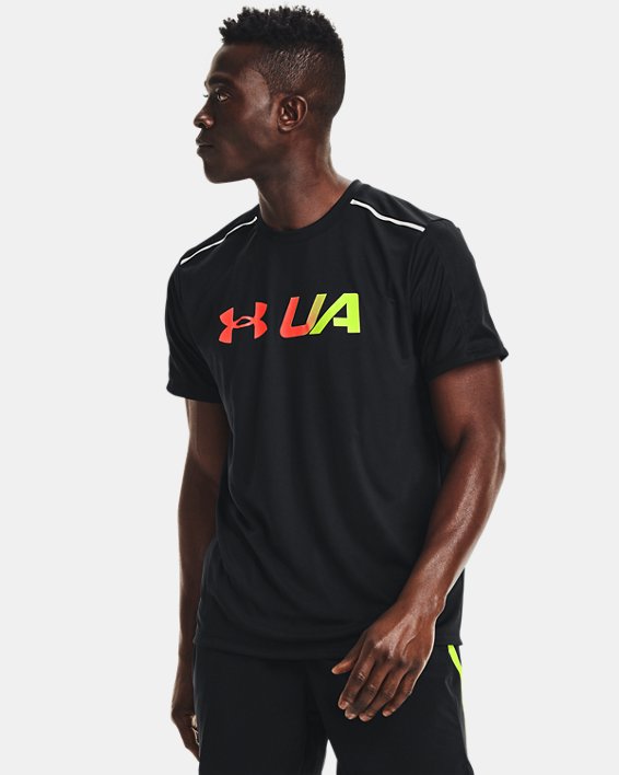 Haut à manches courtes et motifs imprimés UA Run pour homme, Black, pdpMainDesktop image number 0